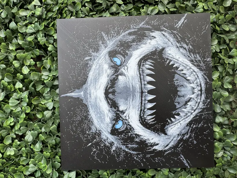 Shark wall art, Layered multi-colour relief print with ice-blue eyes